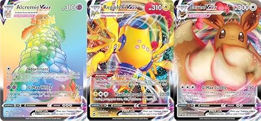 Paquete de 3 Pokémon Vmax - 1 tarjeta secreta de arco iris raro, sin duplicados, paquete de refuerzo Vmax | Ya disponible en tu tienda friki favorita! En mundofriki.es!