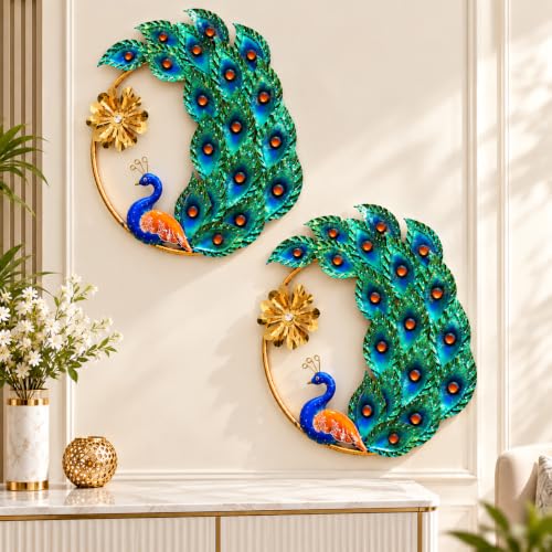 Image of SHREE 'O' GREEN TECH - Premium Handcrafted Round Peacock Metal Wall Hanging Showpiece Set of 2, Artistic Blue Green Bird Design with Gold Finish, Home Decor for Living Room, Hall & Bedroom