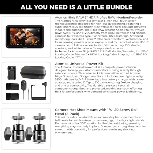 Image of Atomos Ninja RAW Monitor /Recorder with Camera Control for HDMI & Mirrorless Cameras - 5 inch HDR Resolution with Universal Power Kit and Aluminum Alloy 1 /4 inch Camera Hot Shoe Mount (2 Pack), Bundle Kit