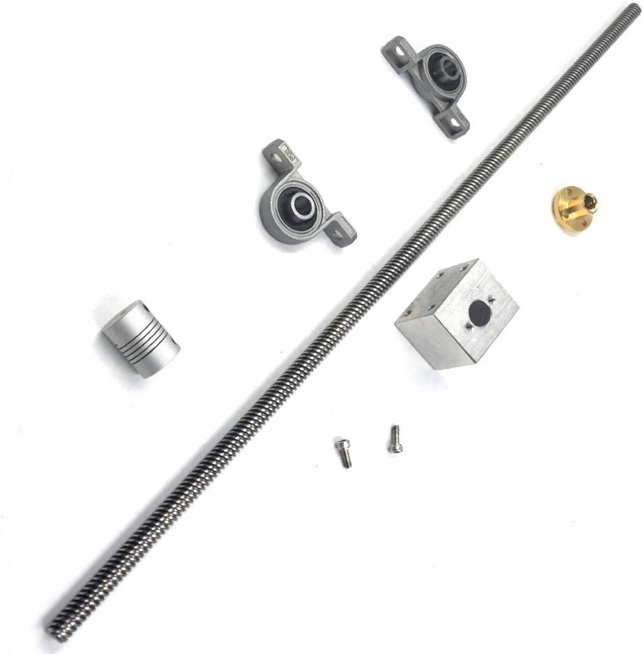 Ewead,T8 Lead Screw Kit, 400mm Length 8mm Dia Silver Horizontal 2mm Lead Screw Rod & Pillow Block Mounted Bearing for 3D Printer Set of 6