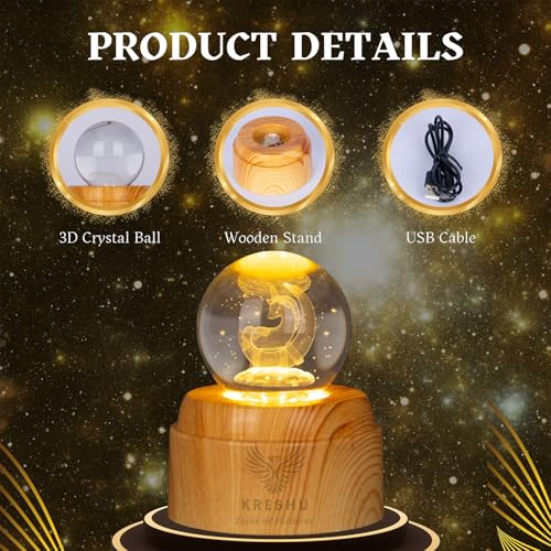 Image of KRESHU Unicorn Moon 3D Crystal Rotating Glass Ball Dimmable Warm LED Light Wooden Stand Luminous USB Cable Decoration Night Lights for Art Home Decoration Birthday Gift (Pack of 1)