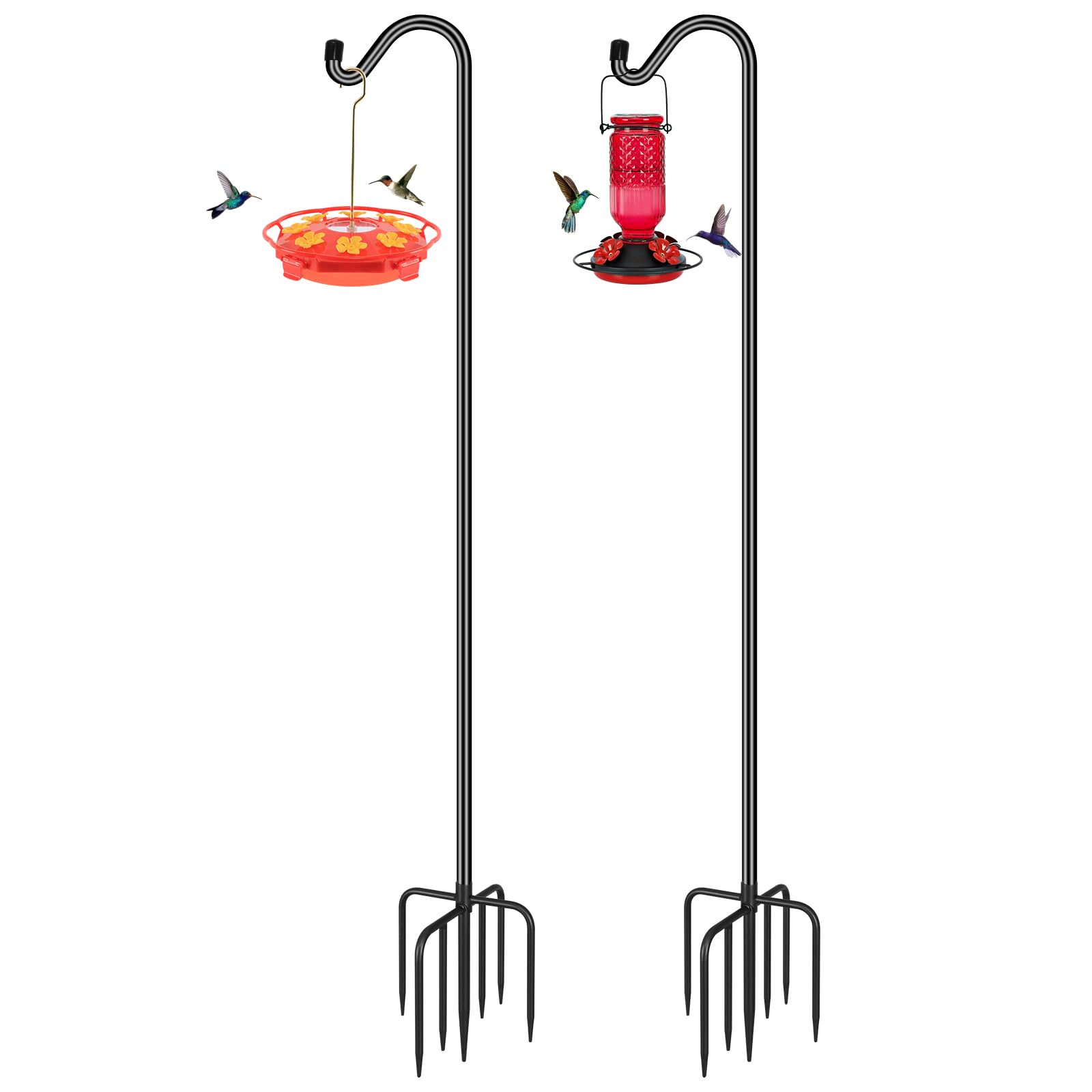 feed garden adjustable shepherd hook bird feeder pole with 7 prongs base, 108 inch tall 5/8 inch thick, heavy duty outdoor garden poles for hanging bird feeders, plant baskets, black (2 pack)