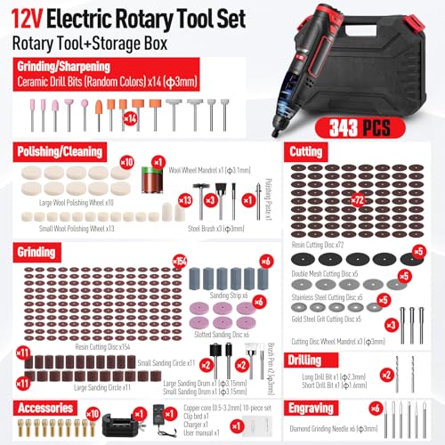 Cordless Rotary Tool Kit,12V Rechargeable Rotary Tool with 343pcs Accessories,7 Variable Speed 35000RPM, Power Rotary Multi Tool Kit for Sanding, Polishing, Carving, Drilling and DIY Crafts 2 Cordless Rotary Tool Kit,12V Rechargeable Rotary Tool with 343pcs Accessories,7 Variable Speed 35000RPM, Power Rotary Multi Tool Kit for Sanding, Polishing, Carving, Drilling and DIY Crafts - Image 2