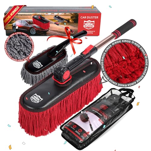 Ride Kings Car Duster Exterior Scratch Free,Car Dust Brush with Extendable Telescoping Handle to Remove Dust Pollen,Duster for Truck,and Motorcycle,Large Car Mop Duster Head with Wax Cotton Hair