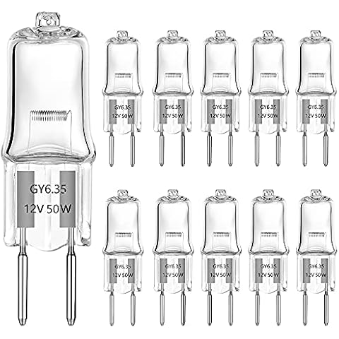 GY6.35 Halogen Light Bulbs 12 Volt 50 Watt, 10 Pack 2 Pin GY6.35 Base Bulb, Replacement T4 Tubular JCD Type Bulb for Ceiling Lights, Table Lamp, Chandelier, 2700K Warm White, Dimmable Cover