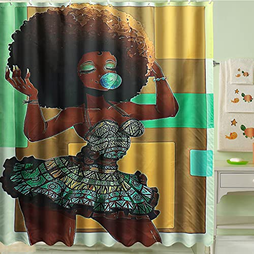 Bshapplus African American Shower Curtain, Curly Hair African Girl With Blowing Bubbles Bath Curtain African Art Bathroom Decor Curtain Polyester Waterproof Fabric Shower Curtain With Hooks 71" X 71" #TOP1