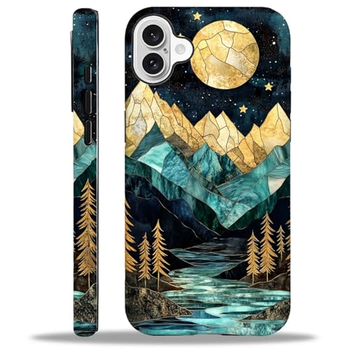 Coque protectrice iPhone 16 antichoc silicone vert or lune montagne