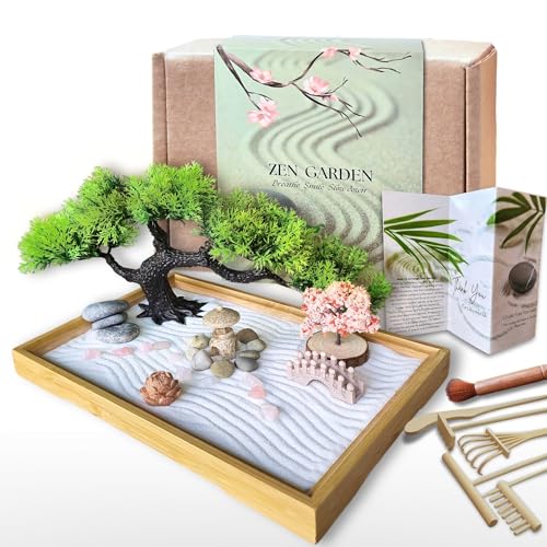 Earthy Blendz Zen Garden for Desk – Mini Japanese Rock Garden with Crystals, Bonsai Tree & Sand Tools,11x7.5in Stress Relief Desk Decor, Meditation & Relaxation Gift Set (Natural Bamboo)