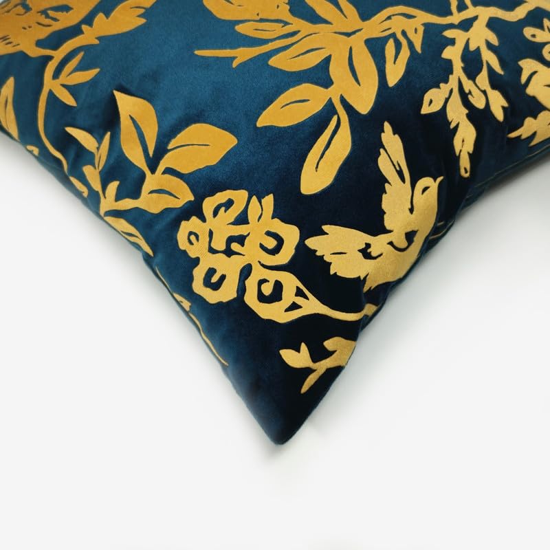 Image of Birds Designer Velvet Cushion Cover | Decorative Cushion Cover | Modern & Trendy | for Sofa Chair Bedroom | Set of 1 (16 x 16 Inch, Emerald Green & Gold)
