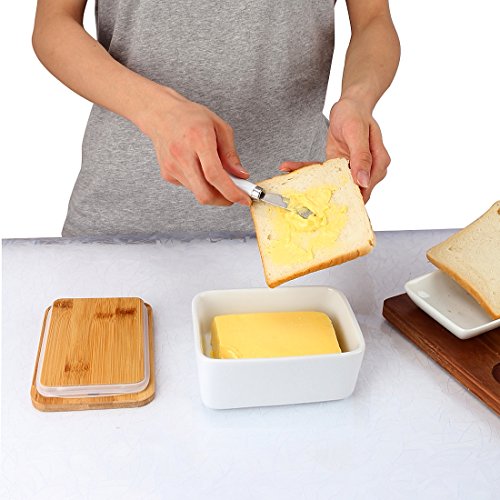 image for Fecihor Ceramic Butter Dish with Bamboo Lid, 800 ml Butter Keeper Cont