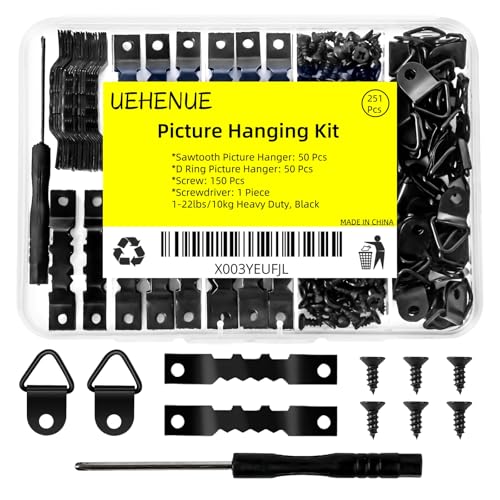 UEHENUE 251Pcs Picture Hanging Kit, Include 50 Sawtooth Picture Hangers, 50 D Rings, 150 Screws and Screwdriver, Heavy Duty Picture Frame Hanging Hardware for Wall Artworks Frame Canvas Mounting