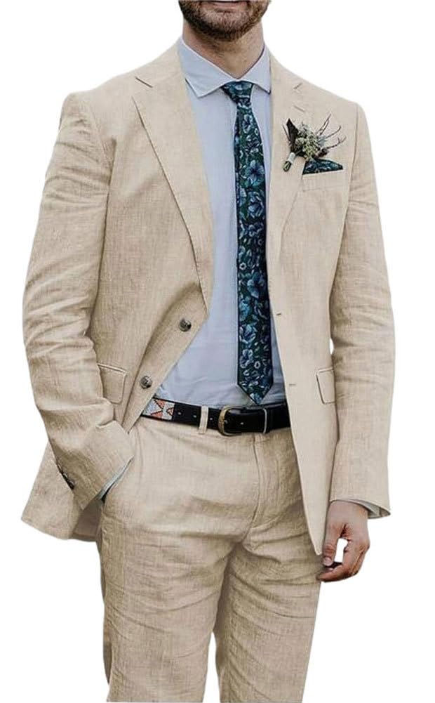 Botong Men's Beige Linen Suit For 2 Pc Notch Lapel Summer Wedding Tuxedos Lightweight Prom Party Suit 50 Chest / 44 Waist