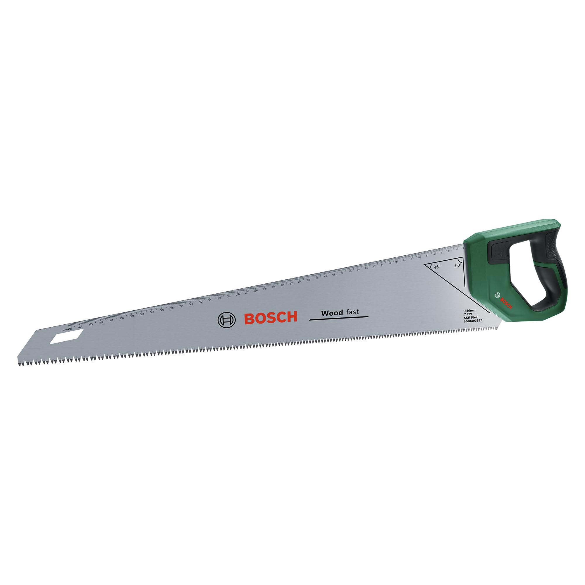Bosch Green Handsaw 550 Mm (Sk5 Steel Saw Blade For Fast Cuts In Wood; 7 Tpi; Induction-Hardened Teeth; 45°/90° Marking Guide; 45 Cm Metric Scale; Ergonomic Softgrip)