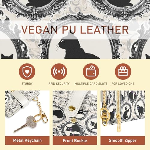 Image of Jogjam Vintage Black Cats Rfid Ladies Wallet, Small Slim Thin Compact Credit Card Women Wallet, Art Aesthetics PU Leather Bifold Cash Zipper Coin Pocket for Female
