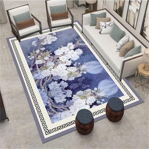 Tapis de cuisine 160x280 cm grand format bleu nuit au motif floral oriental - 2