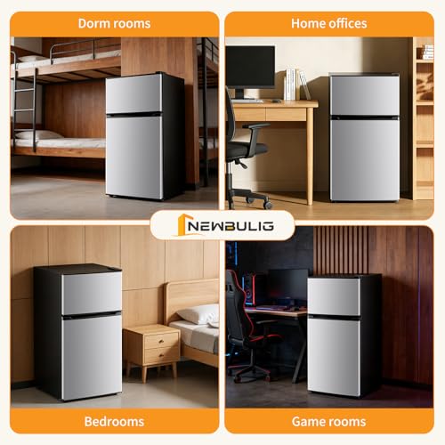 Image of NEWBULIG Mini Fridge with Freezer 3.2 Cu.Ft Small Refrigerator for Office, Dorm, Small Fridge with Adjustable Thermostat, Energy Saving, Dual Door, Sliver