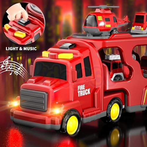 Image of Kidology 5-in-1 Friction-Powered Fire Truck Toy Set with Music - Montessori Educational Transport Carrier Vehicle Toy for Boys & Girls, Fun Birthday Gift for Kids Ages 3+
