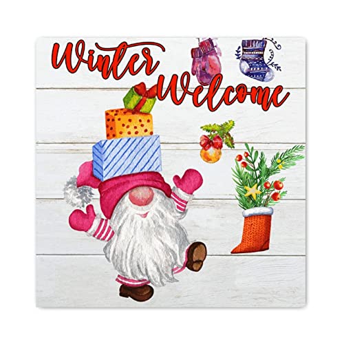 Letrero de madera con diseño de gnomo de bienvenida de invierno, con diseño floral, campana, para colgar en el hogar, decoración de pared para el hogar, cocina, casa de campo, 8 x 8 pulgadas