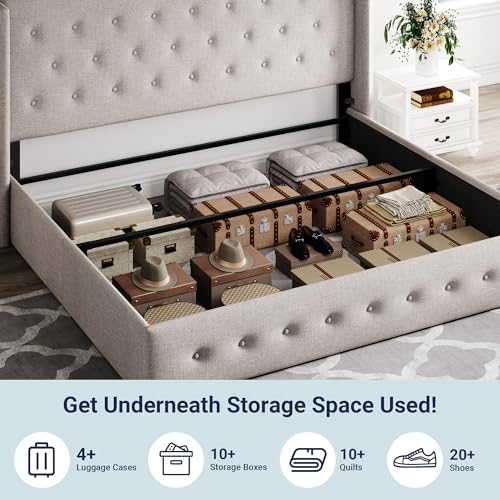 Image of Allewie King Size Lift Up Storage Bed, Button Tufted Headboard with Wingback, Hydraulic Support, No Box Spring Needed, Light Beige