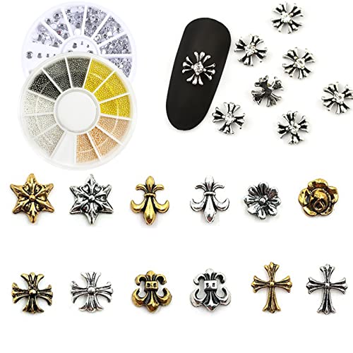 112 FUXULE 12 Decorative Designs 182pcs/set 3D Punk Nail Art Decoration Vintage Nail Metal Supplies for Nail Art Designs Flower Mix Set DIY Acrylic Nail Art Accessories for Women Girls