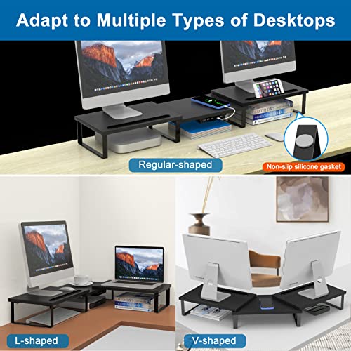 Dual Monitor Stand Riser, Adjustable Length and Angle, AQQEF Computer Monitor Shelf with USB3.0 and Slot for Tablet and Cellphone, Wooden Desktop Oraganizer Stand for 2 Monitors,Computer,Laptop,Printer,TV (Wood)