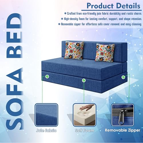 Image of Los Angeles Foldable Two Seater Sofa Cum Bed, Sofa Bed 4 X 6 Feet Jute Fabric Washable Cover- Including Cushion Perfect for Living Room