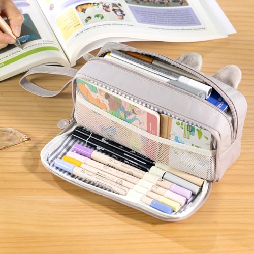 Image of CICIMELON Cartoon Pencil Case, Large Capacity Pen Pouch with Embroidered Animal Design, School Supplies Bag for Kids, Teens, Students (Gray Dog)