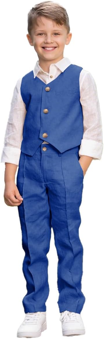 Boys 2 Piece Linen Vest Long Pants Suits Toddler Tuxedo Suit Set for Teen Boys Kids Wedding Summer