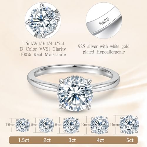 Round Moissanite Engagement Rings for Women, Women's 18K Yellow/White Gold Plated 925 Sterling Silver Engagement Ring Moissanite Promise Rings for Her,Wedding Band Ring 1.5/2/3/4/5CT.2