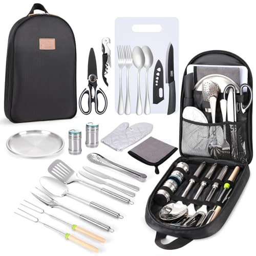 Image of Portable Camping Kitchen Utensil Set-27 Piece Cookware Kit, Stainless Steel Outdoor Cooking and Grilling Utensil Organizer Travel Set Perfect for Travel, Picnics, RVs, Camping, BBQs, Parties and More