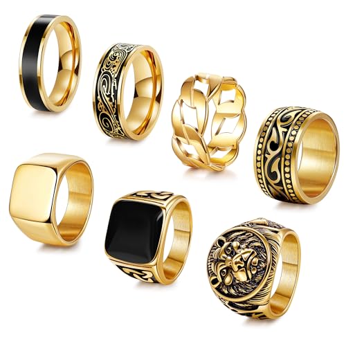 AFSITNIG 7Pcs Stainless Steel Vintage Signet Rings for Men Square Signet Rings Cuban Link Chain Ring Pinky Thumb Celtic Band Spinner Ring Gold Polished Edge Mens Ring Biker Rings Set,Size 9