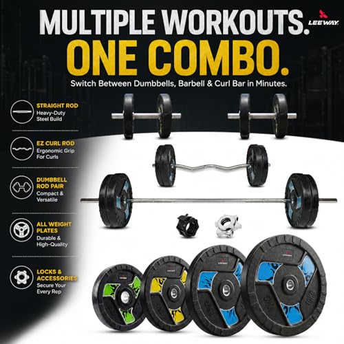 Image of Leeway 50kg Combo | Home Gym Set for Men | Barbell Rod with Plates and Dumbbell Set | Rubber Weight Plates, 3 Ft Curl + 5 Ft Rod (28mm) | Gym Equipments Zym, Jim ka Saman (50kg Set (2.5X4+5X4+10X2)