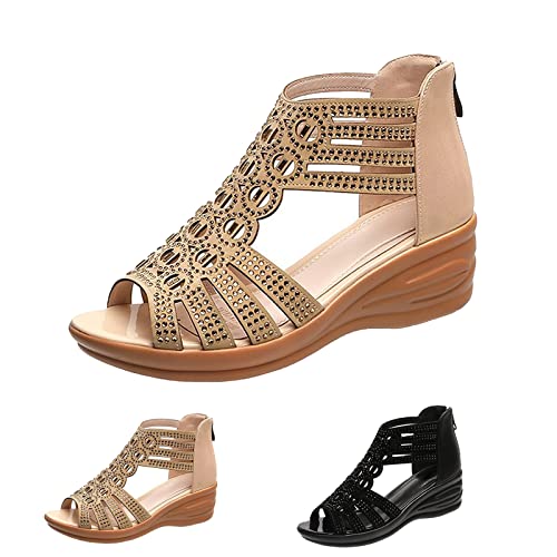 Women's Roman Wedge Hollow Sandals with Zipper Back,Rhinestone Gladiator Open Toe High Heel Dress Sandals Bootie