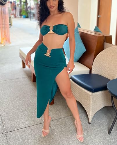 Women's 2 Piece Outfits Crop Tube Tops and Split Long Skirt Set2
