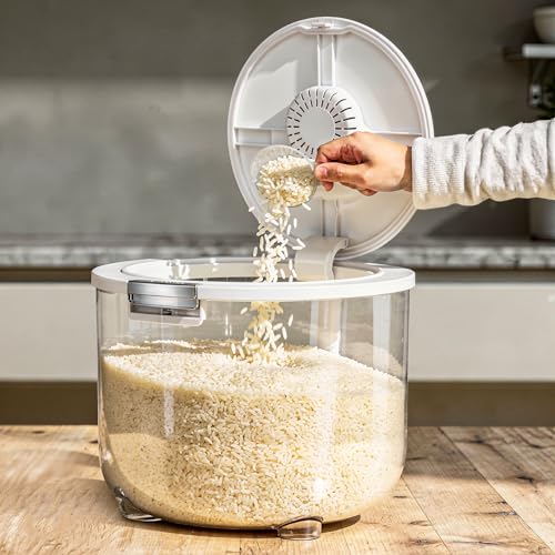 Image of Zuhi Airtight Rice Storage Dispenser Container | Moisture-Proof BPA-Free Food Storage Jar for Rice, Cereals, Grains & Pulses | Transparent Grocery Container with Flip Lid & Measuring Cup (10 Kg)