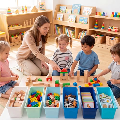 Image of Geetery 12 Pcs Plastic Book Bins for Classroom, Blue Color Scheme