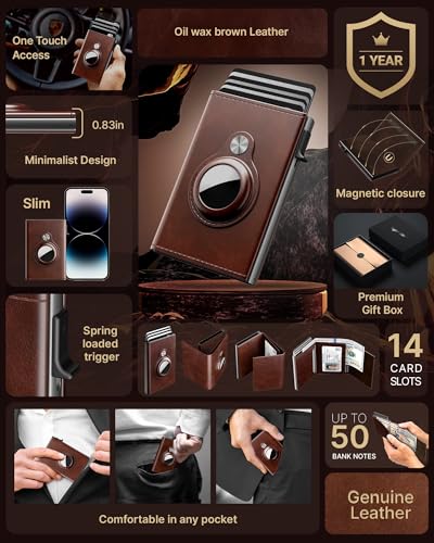 Image of Mens Pop Up Wallet for AirTag: Premium Genuine Leather, RFID Blocking, Smart, Minimalist, 9-14 Card Capacity, ID Window, Cash Slot (Deep Brown)