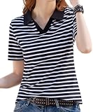ポロシャツ レディース 半袖 ぽろシャツ tシャツ 大きいサイズ ゴルフ 綿 ストレッチ かわいい ボーダー Vネック ブラック L
