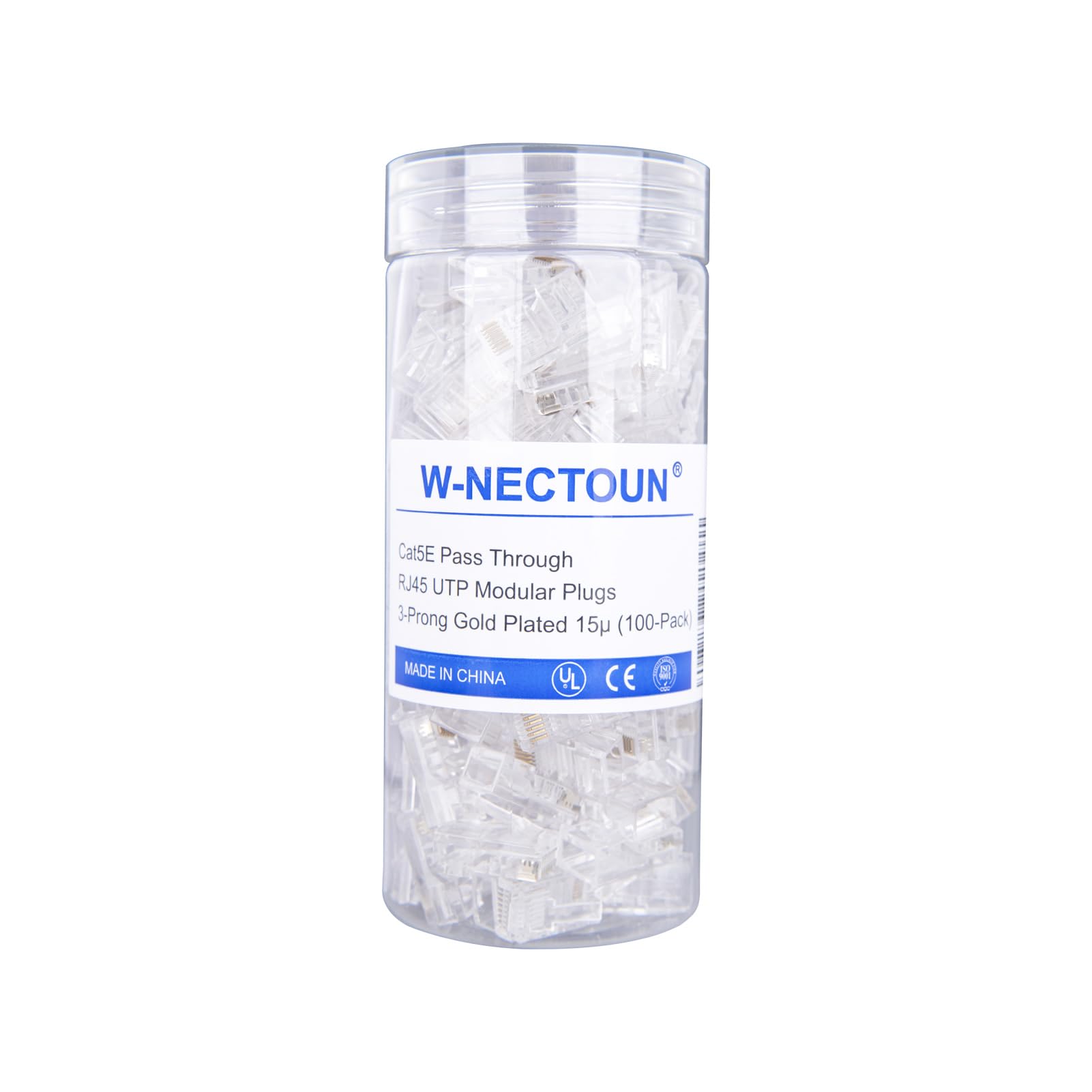 Conectores RJ45 de paso Cat5e, paquete de 100 extremos Cat5/conector Cat 5/conectores modulares Cat 5e RJ45 (chapado en oro de 3 clavijas 15μ), enchufe de red UTP para cable de hilo sólido