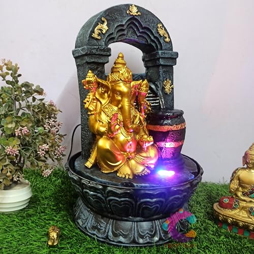 Image of Ganesh Ganpati Table Top Water Decorative Fountain for Home Decor /Office /Indoor & Outdoor /Garden /Puja Room /Vaastu (C-021, Golden Ganesha Matki)