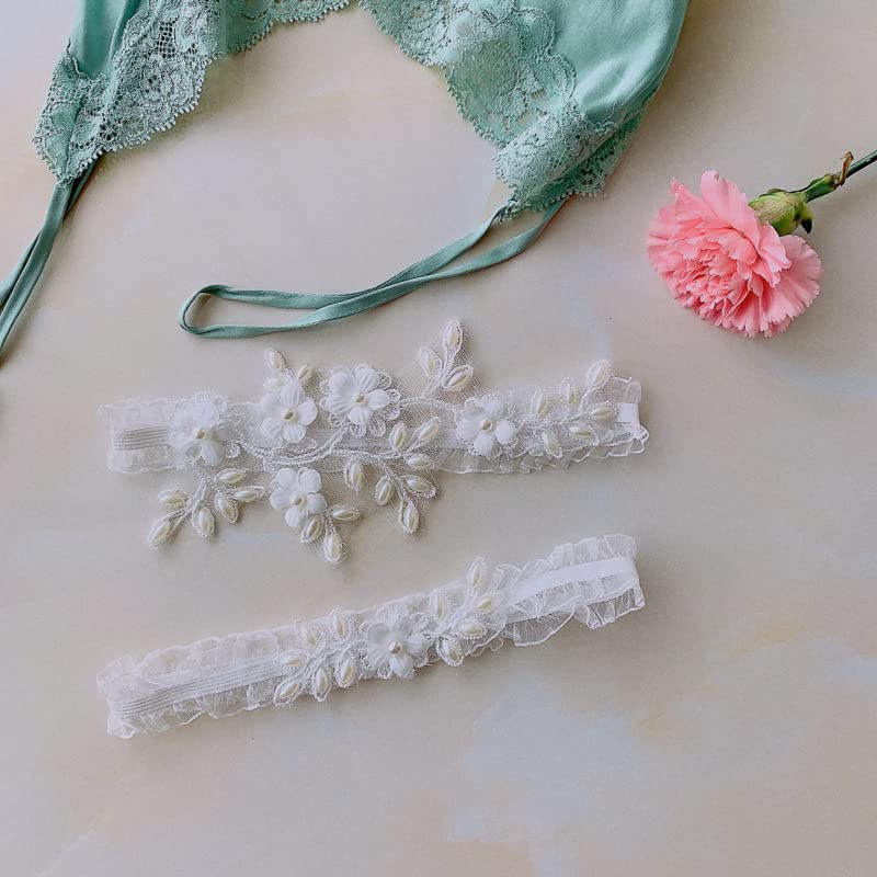 White Lace Garters Set with Large Flower Pearls Belt for Bridal Leg Band - Wedding Party Accessories Gift for Brides