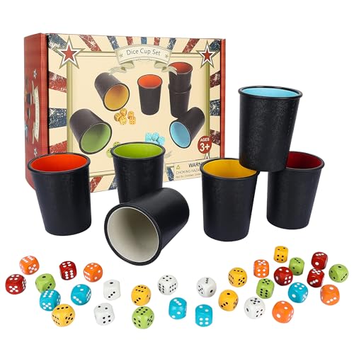 Offelec 6 Pack PU Leather Dice Cups Set with 30 Color Matched Dice Felt Lined Quiet Shakers for Dice Games Like Bluffing Games Perfect for Poker Nights & Bar Party Game