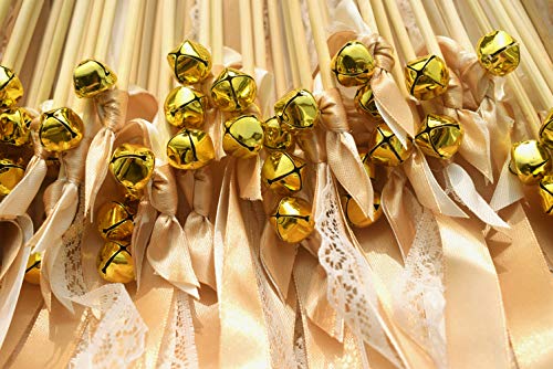 Kingsnow 50 Pack Champagne Lace Ribbon Wands Party Streamers with Bells Silk Fairy Stick Wand Party Favors for Wedding Send off Party Activities Baby Shower Holiday Celebration - Thumbnail 5
