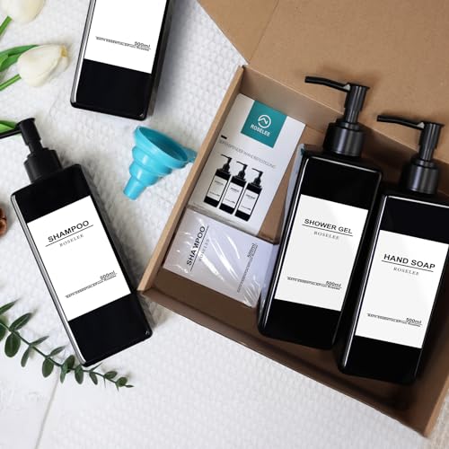 Roselee 4er Seifenspender Schwarz Set, 500ml Seifenspender Dusche Kunststoff Shampoo Flaschen Zum Befüllen mit Trichter und Wasserdichten Etiketten Shampoo Spender für Küche Badezimmer Bad