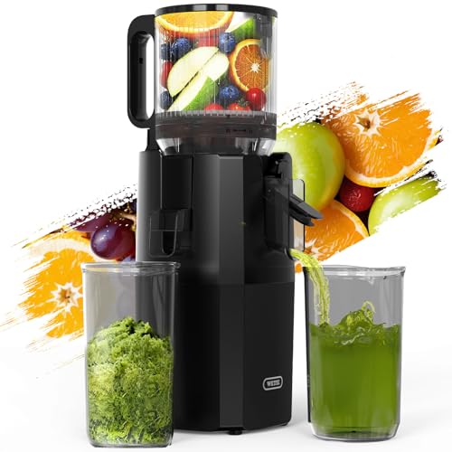 WETIE Extractor de Zumos y Verduras, Licuadora de Prensa en Frío con Boca Extra Grande 120mm, 99% Rendimiento, Slow Juicer Silencioso, Fácil de Limpiar, Incluye 2 Vasos