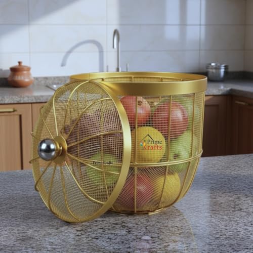 Image of Decorative Insect-Resistant Fruit and Vegetables Basket with Lid | Countertop Mesh (Jaali) Design Fruit Storage Basket for Kitchen, Dining Table, Living Room - Gold