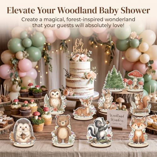 Image of Woodland Baby Shower Decorations 12Pcs Wood Centerpieces for Table Decor | Sturdy 3mm Wood Woodland Animals Baby Shower Decorations, Stable Table Centerpieces for Forest Theme Birthday Party Decor