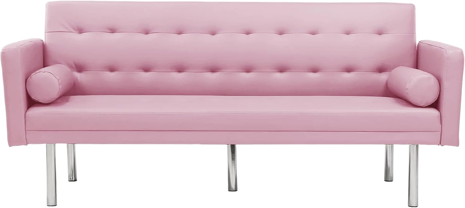 SUMKEA Futon Tufted Back Convertible Sofa, 68” Twin Size Sofa Bed, Modern Living Room Futons Set (Pink)