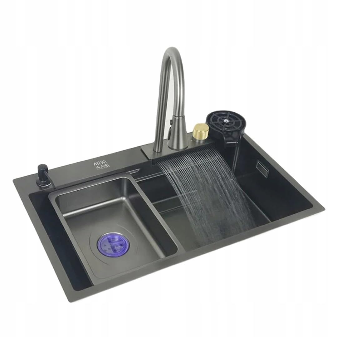 Zlewozmywak kuchenny ANW HOME LS-7545B, 75x46 cm, Stal nierdzewna 304, Grafit, Bateria wodospadowa, Syfon, Zestaw Akcesoriów, Wielofunkcyjny | Wpuszczany, Grubość 3/1 mm, Głębokość 23 cm, Z Syfon