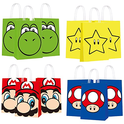 MAJEQZGY 12 sacos de presente de Mario com alças, sacos de papel para festas infantis, sacos de presente para aniversário infantil, Halloween, doces